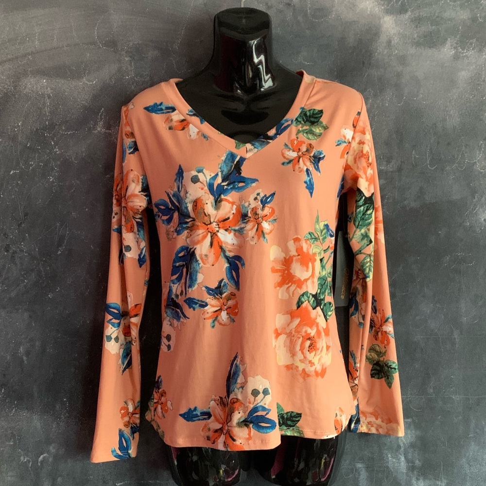 Peach Floral Long Sleeve V Neck Shirt